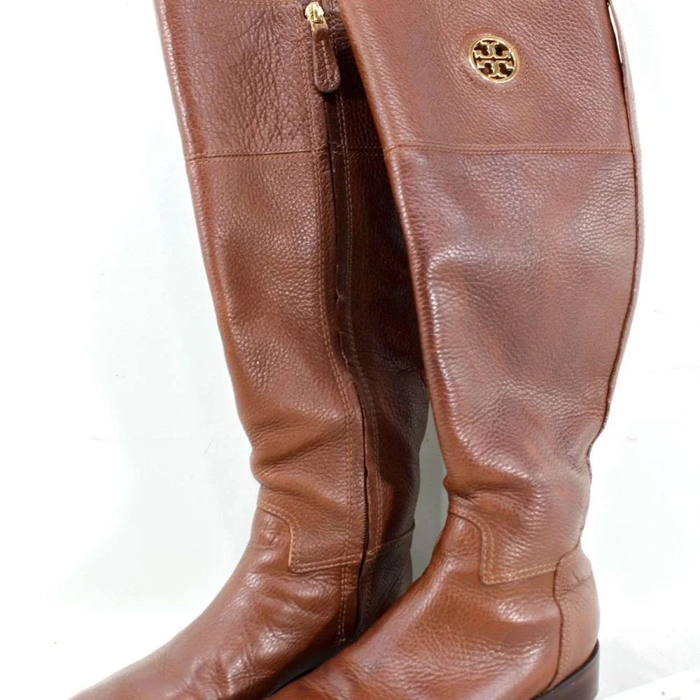 Tory Burch Tan Leather Boots with Gold Emblem